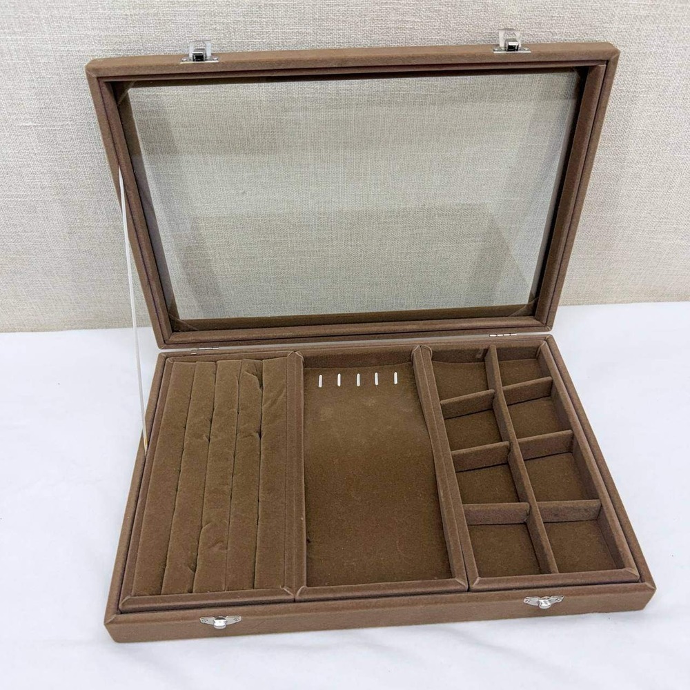 Brown Velvet Jewelry Display Case Glass Top Ring Necklace Organizer Box 14in